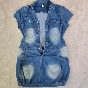 Venus Womens Blue Denim Button Front Bubble Hem Mini Dress Size 14 Sandblasted